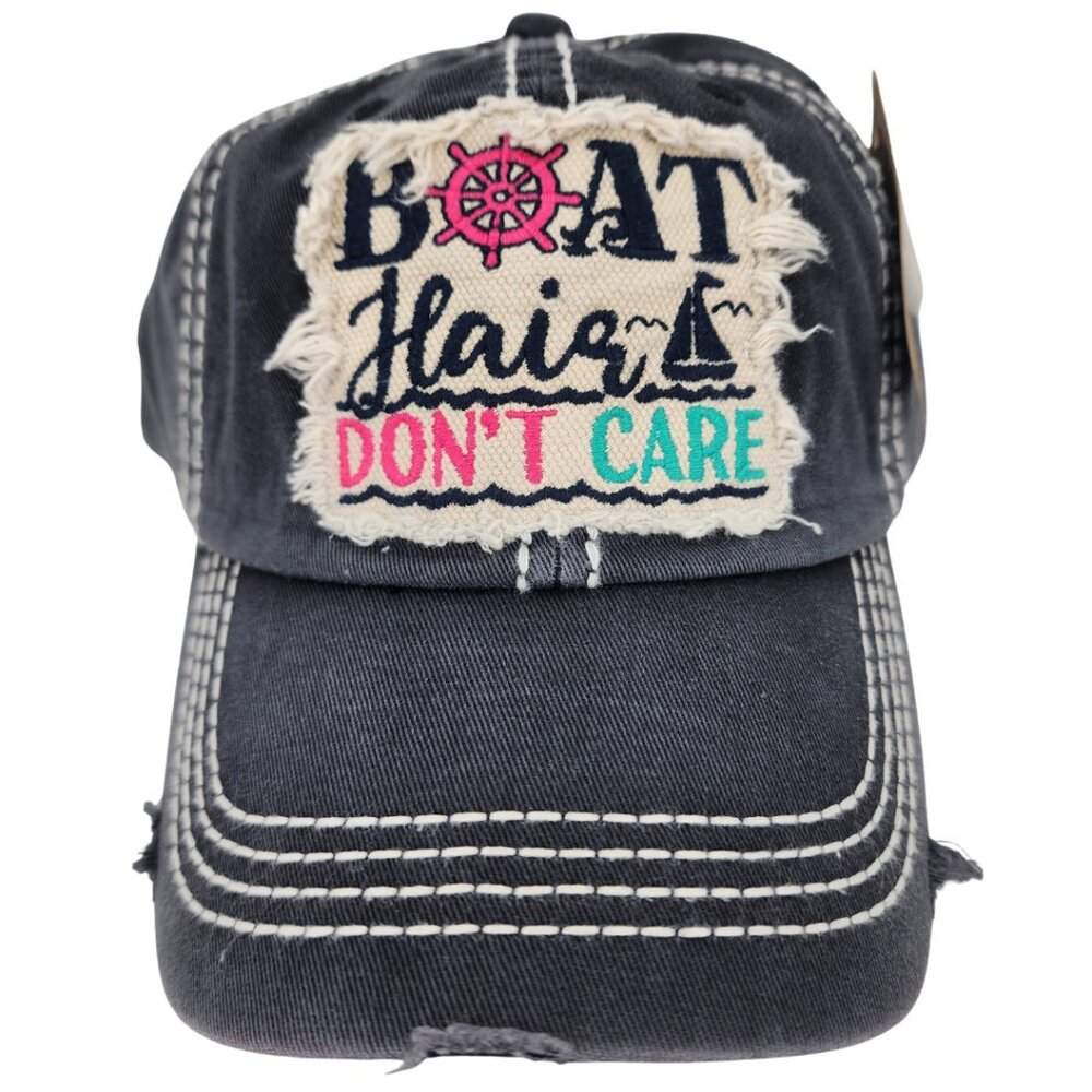 KBETHOS Distressed Black 'Boat Hair Don't Care' Baseball Cap Hat NWT